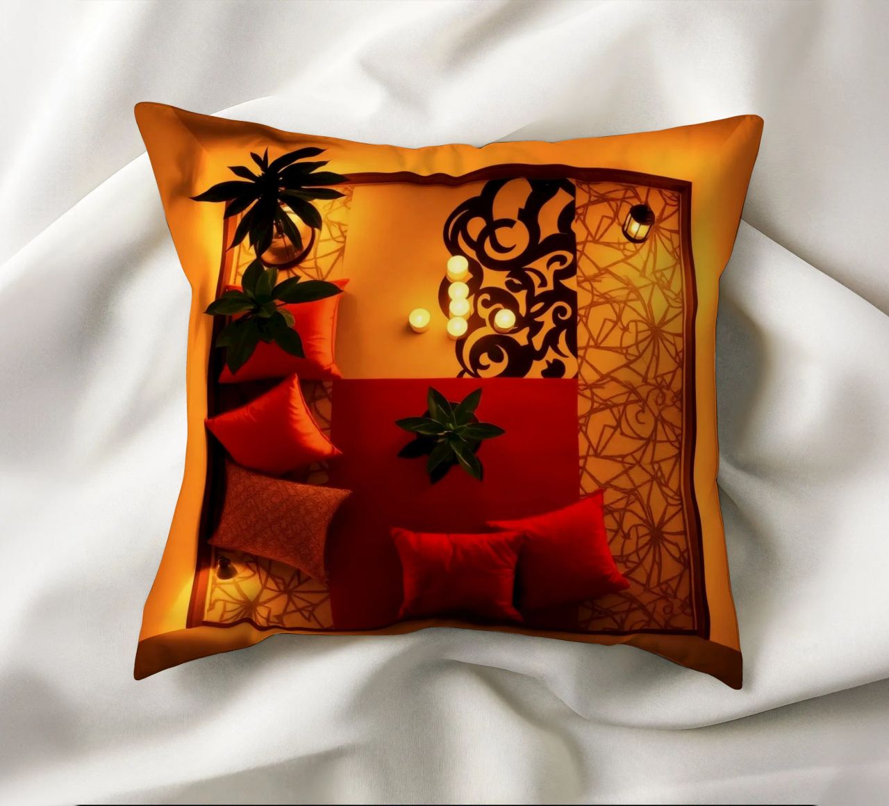 caldo Accogliente salotto interno con cuscini decorativi e piante cuscino da DesignDoodle