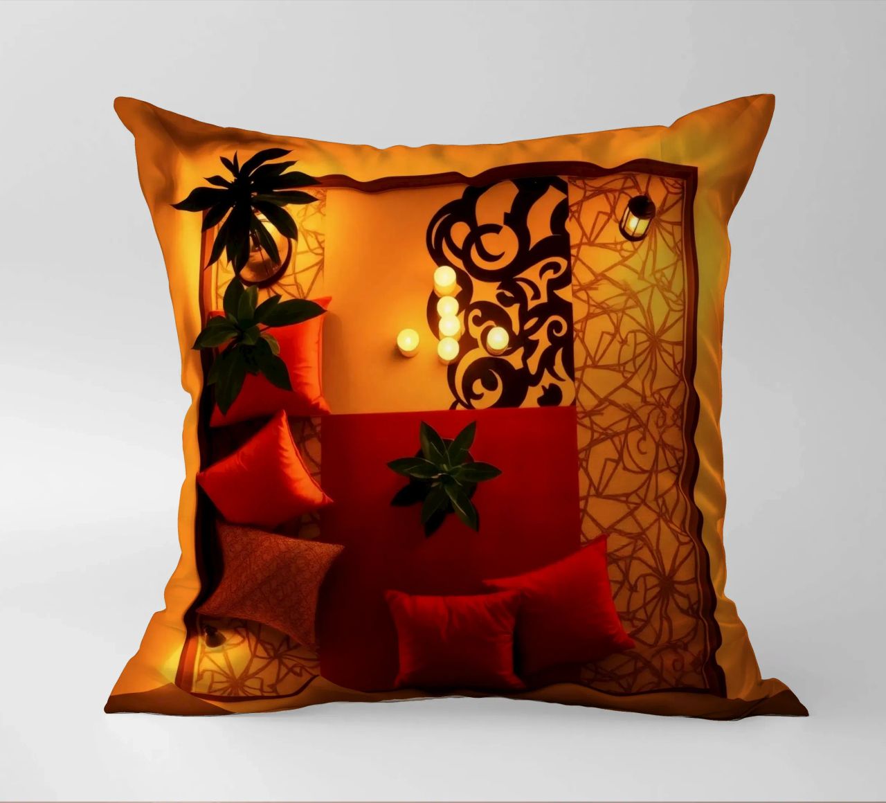 caldo Accogliente salotto interno con cuscini decorativi e piante cuscino da DesignDoodle