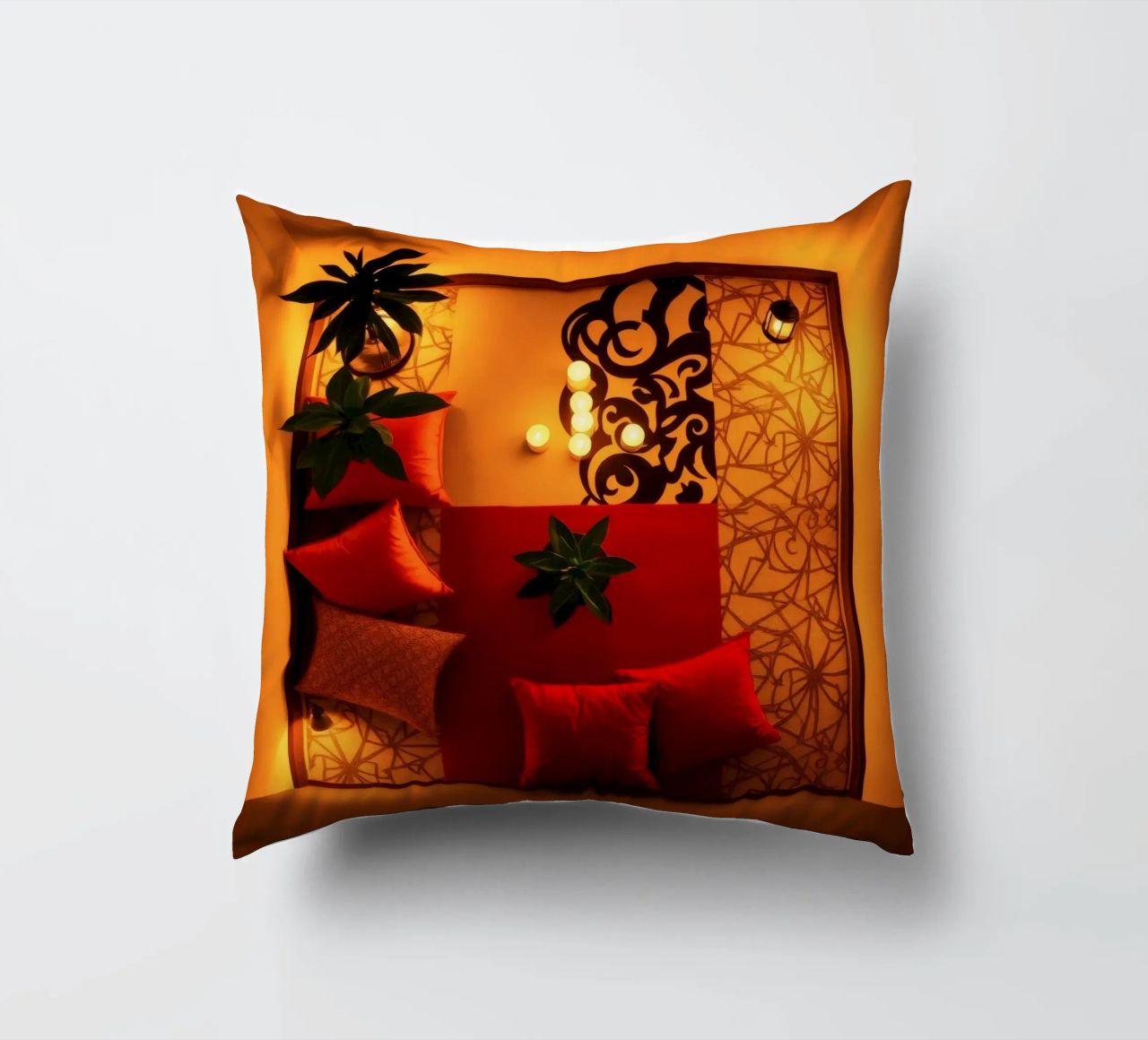 caldo Accogliente salotto interno con cuscini decorativi e piante cuscino da DesignDoodle