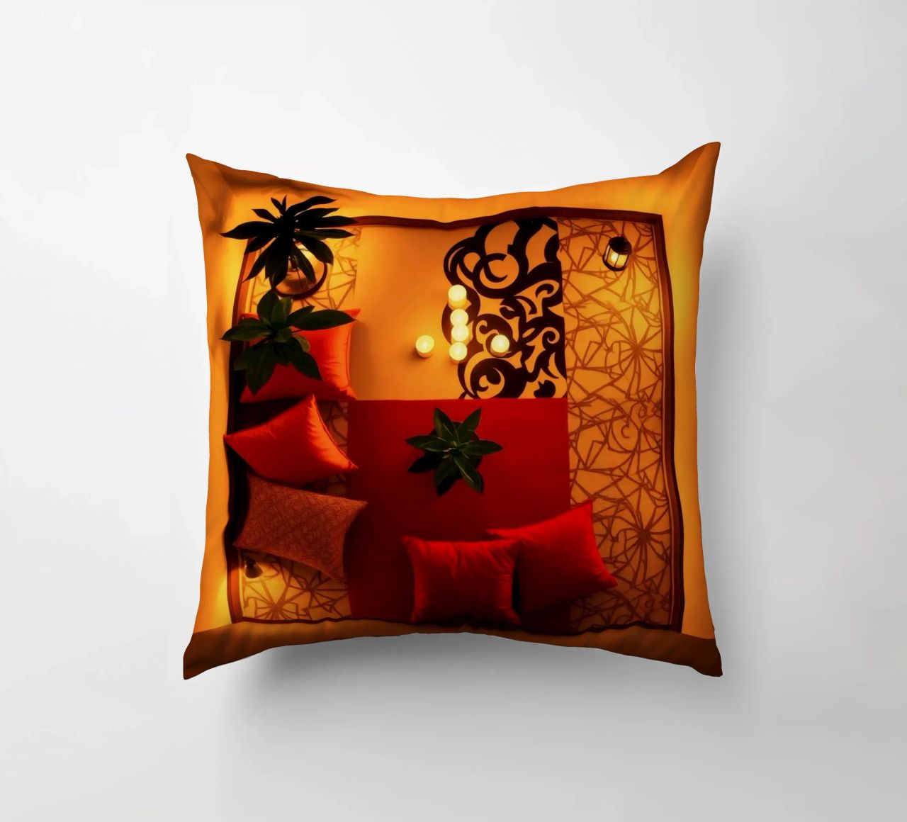 caldo Accogliente salotto interno con cuscini decorativi e piante cuscino da DesignDoodle