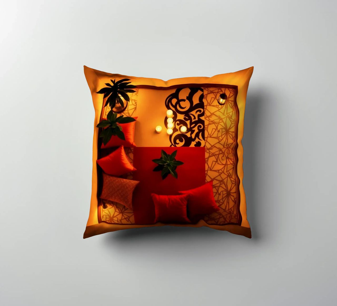 caldo Accogliente salotto interno con cuscini decorativi e piante cuscino da DesignDoodle