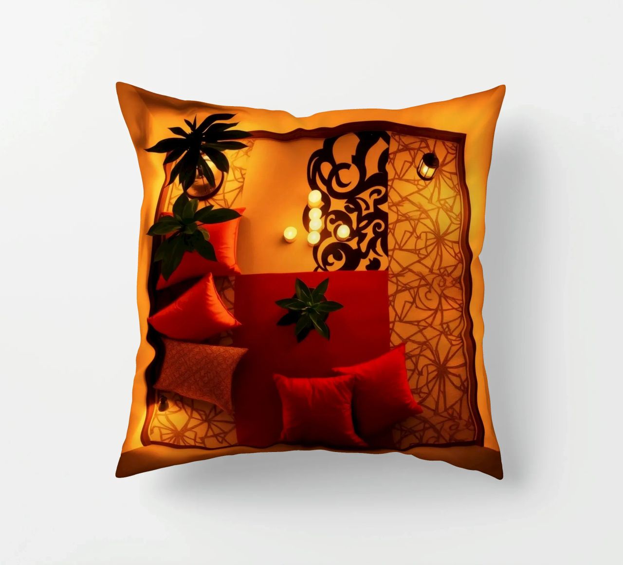 caldo Accogliente salotto interno con cuscini decorativi e piante cuscino da DesignDoodle