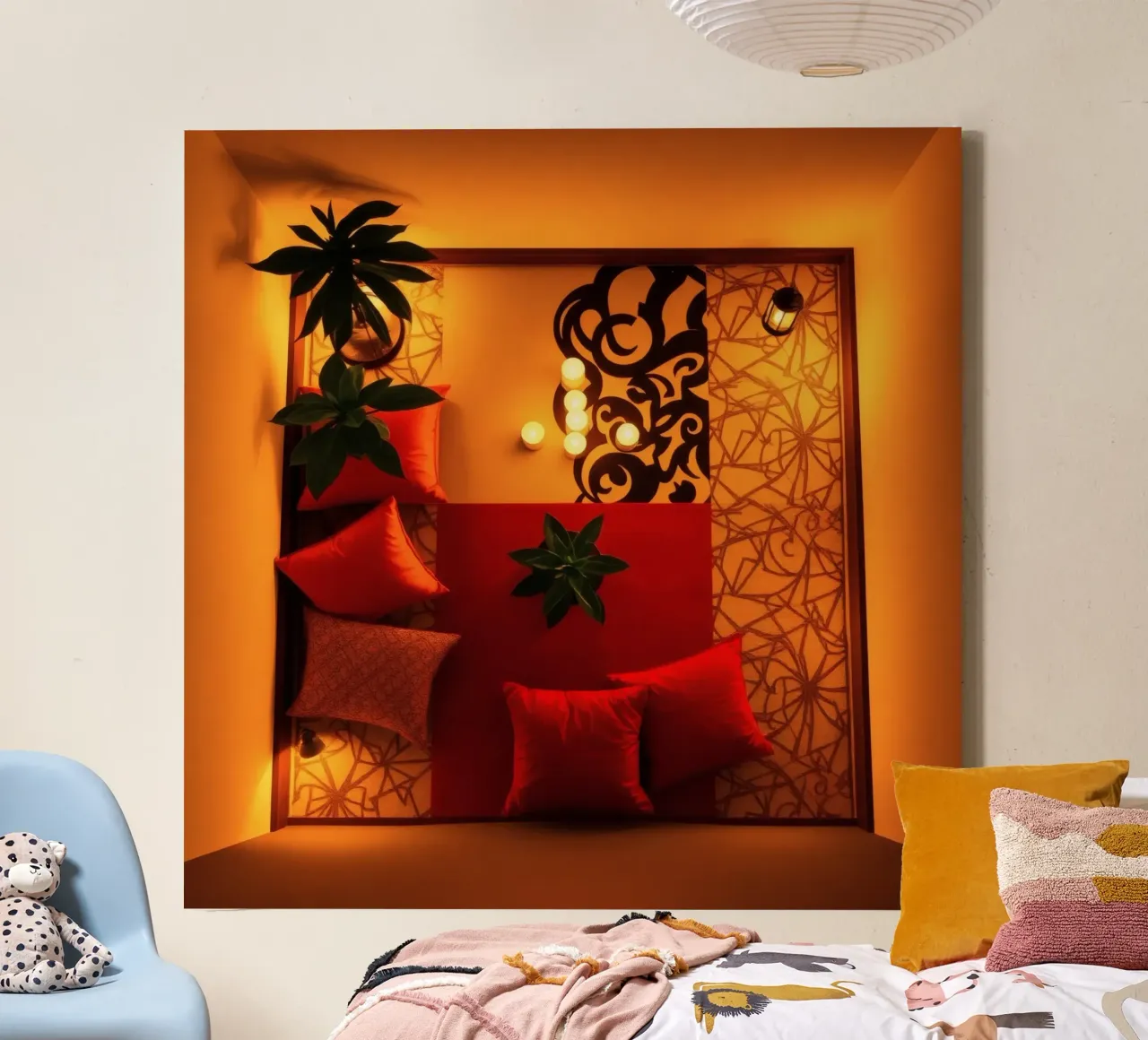 caldo Accogliente salotto interno con cuscini decorativi e piante tela con Cornice a cassetta da DesignDoodle