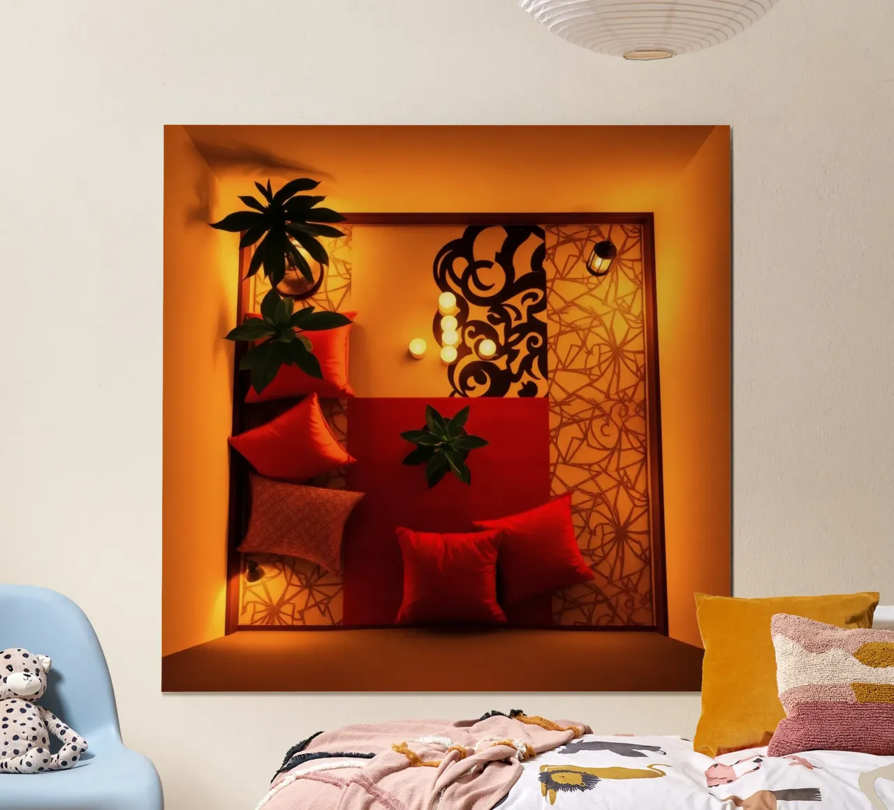 caldo Accogliente salotto interno con cuscini decorativi e piante poster con telaio in alluminio da DesignDoodle