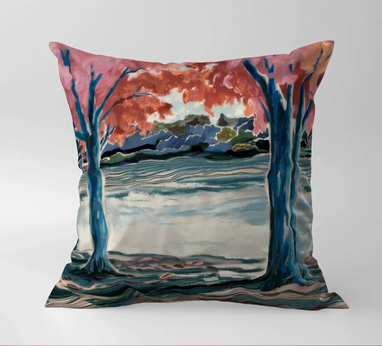 Blue Tree Embrace decorative cushion by Obisidian Brush