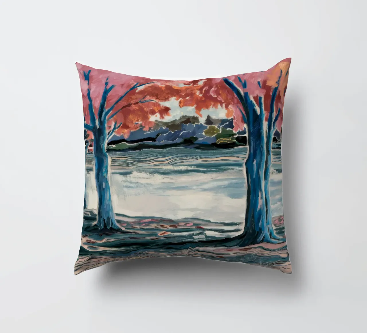 Blue Tree Embrace decorative cushion by Obisidian Brush