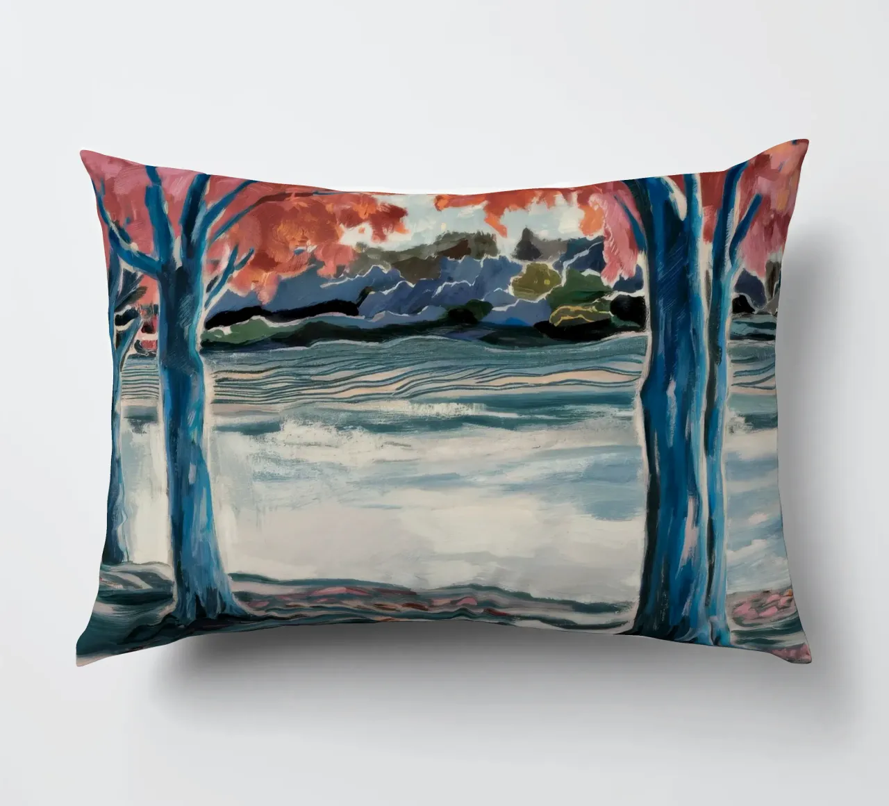 Blue Tree Embrace decorative cushion by Obisidian Brush