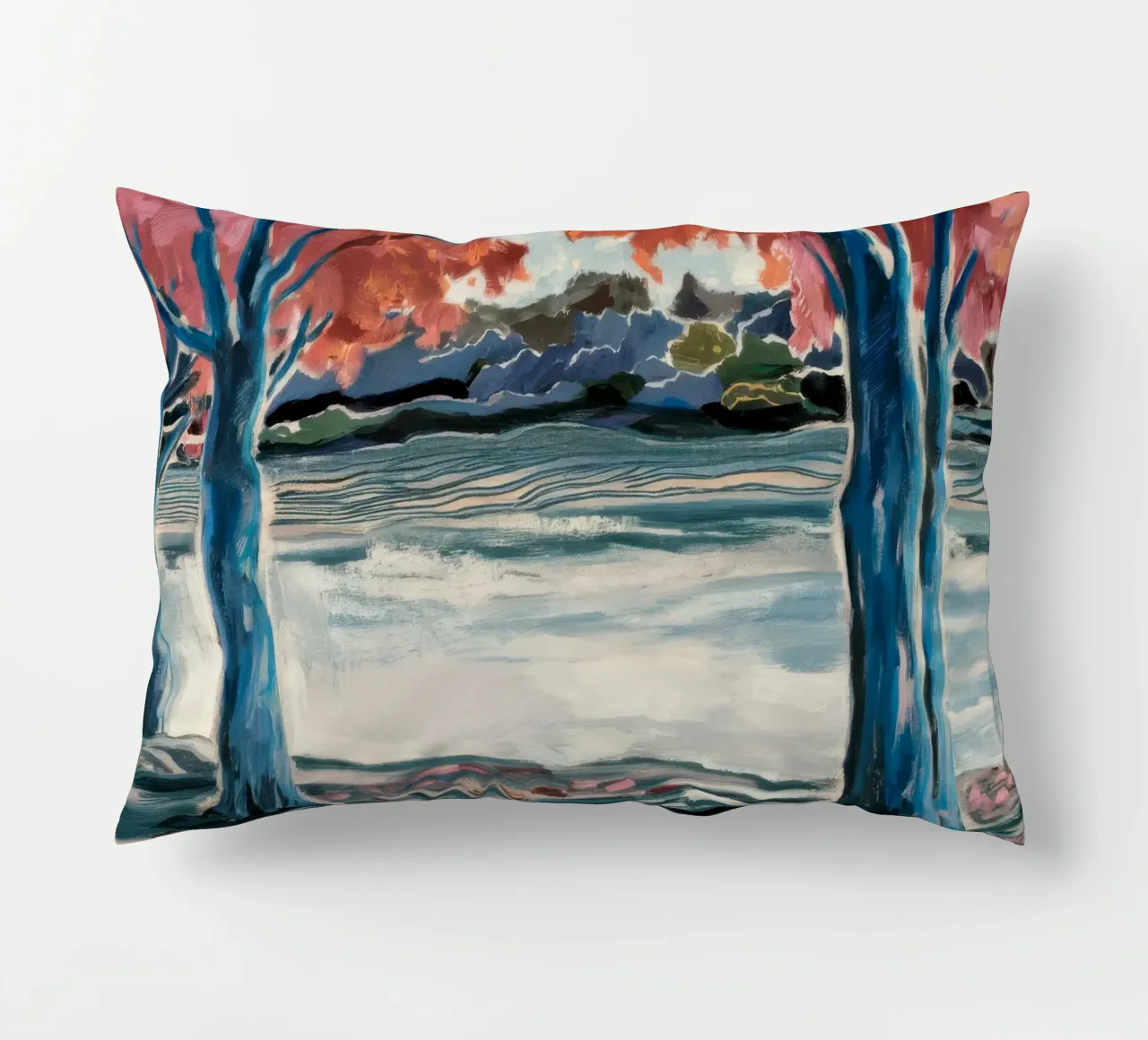 Blue Tree Embrace decorative cushion by Obisidian Brush
