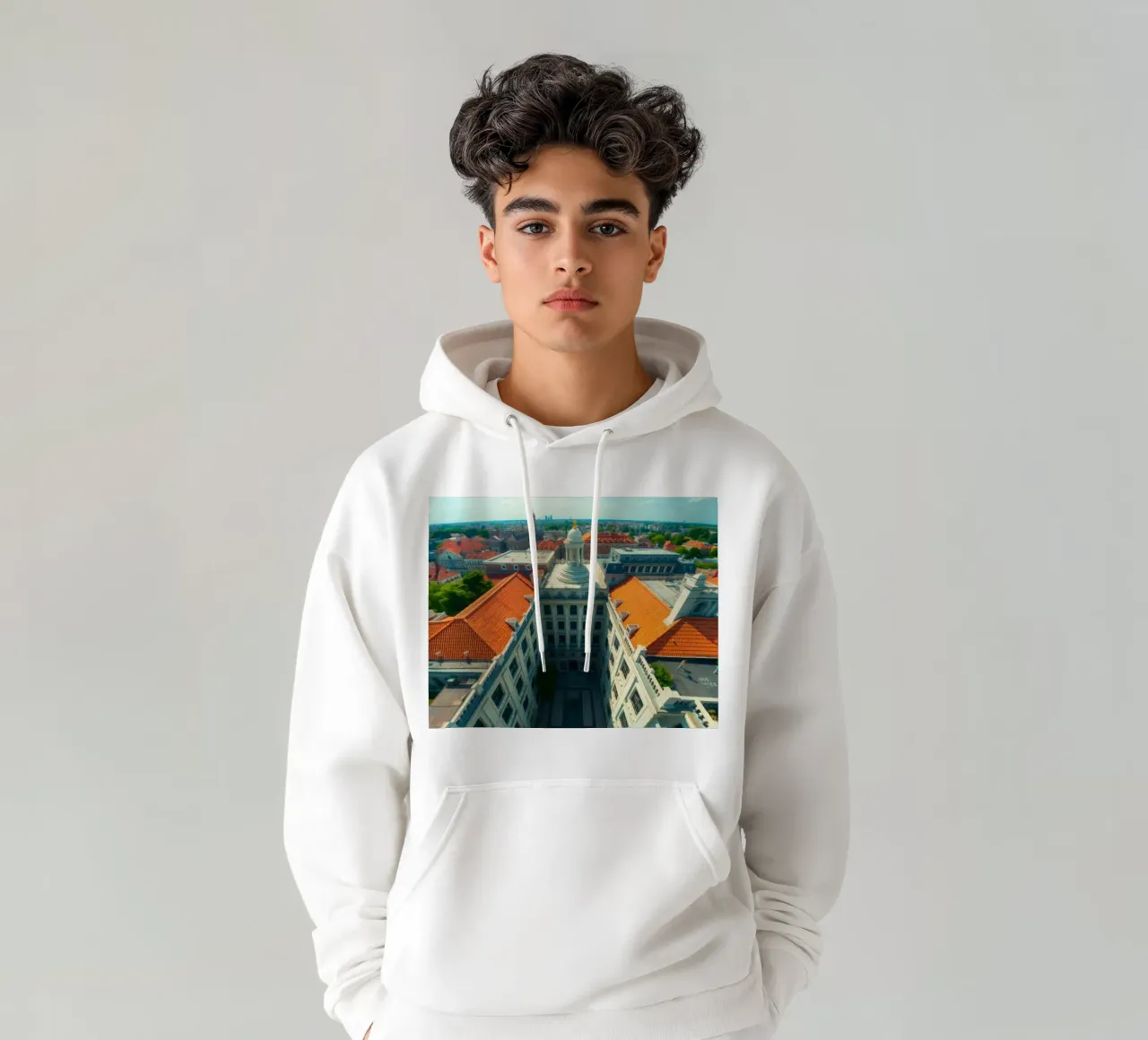 Edificio storico con tetti arancioni e una città vivace felpa con cappuccio da DesignDoodle