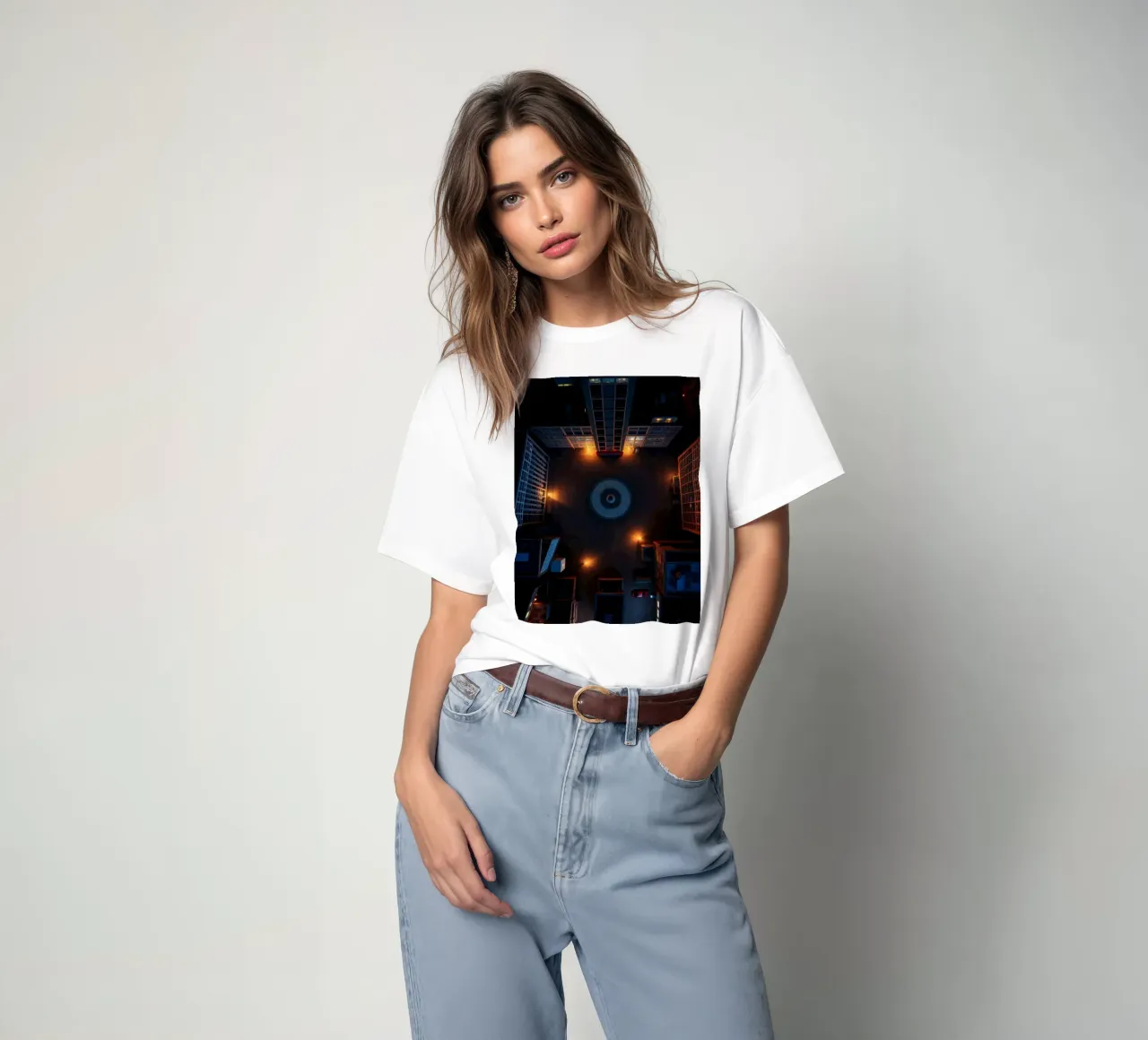 Nächtlicher Stadtplatz, beleuchtet von Straßenlaternen T-Shirt von DesignDoodle