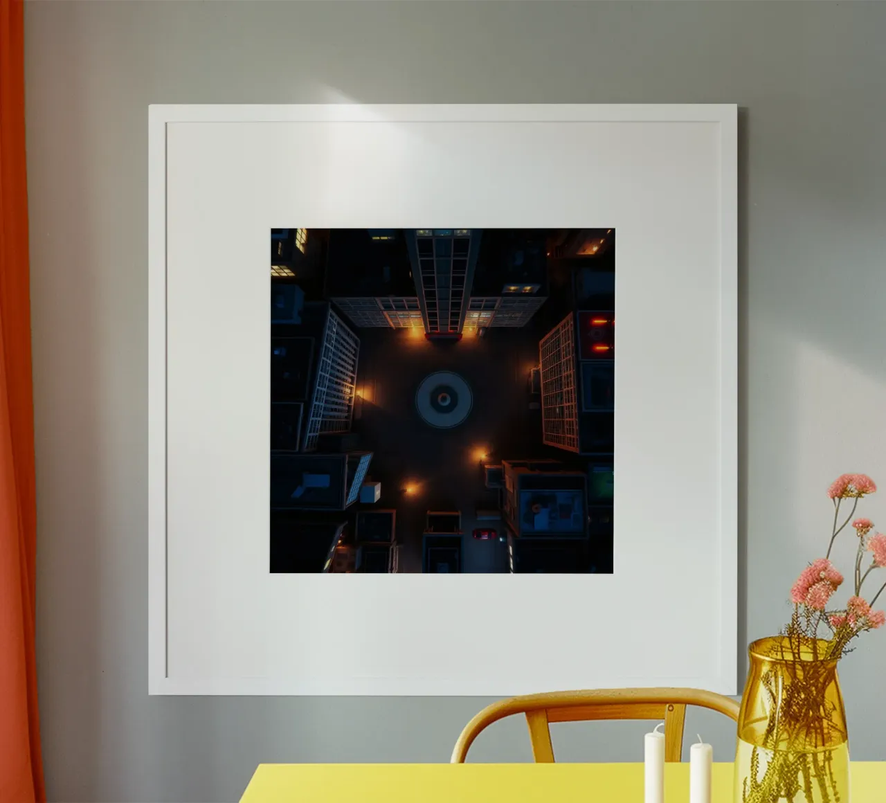 Piazza della città illuminata di notte dai lampioni poster con telaio in plastica da DesignDoodle