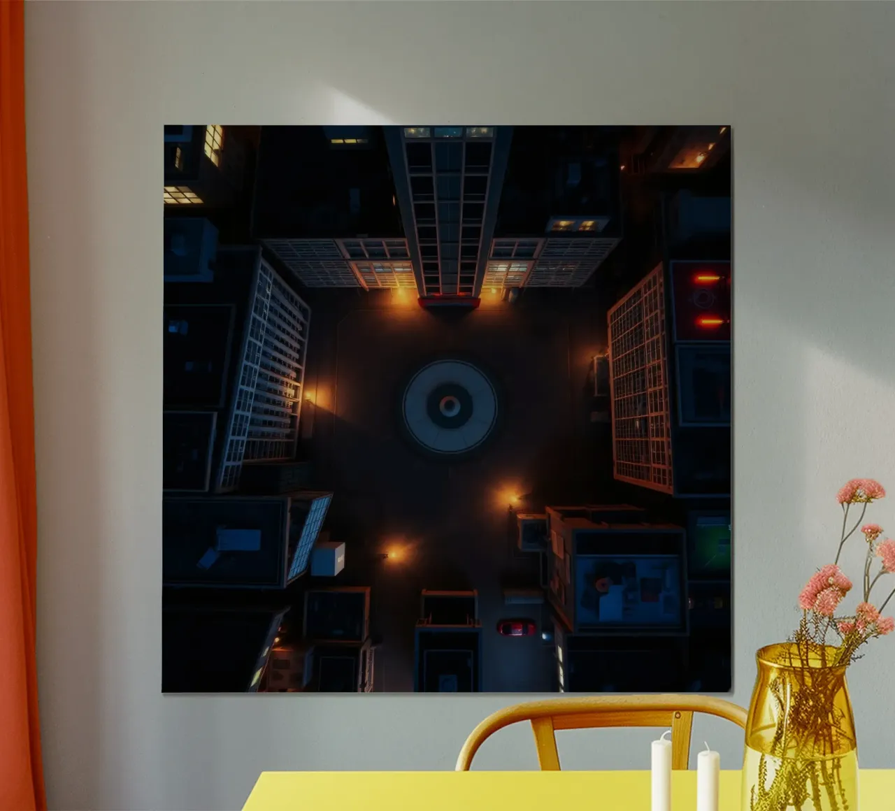 Piazza della città illuminata di notte dai lampioni poster con telaio in plastica da DesignDoodle