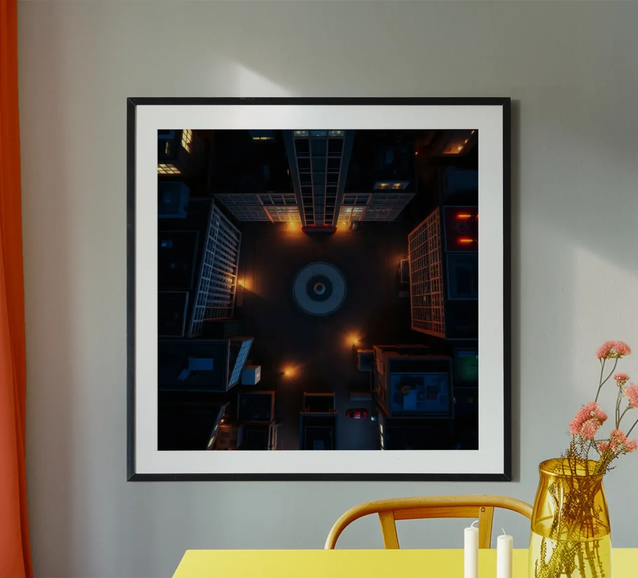 Piazza della città illuminata di notte dai lampioni poster con telaio in plastica da DesignDoodle