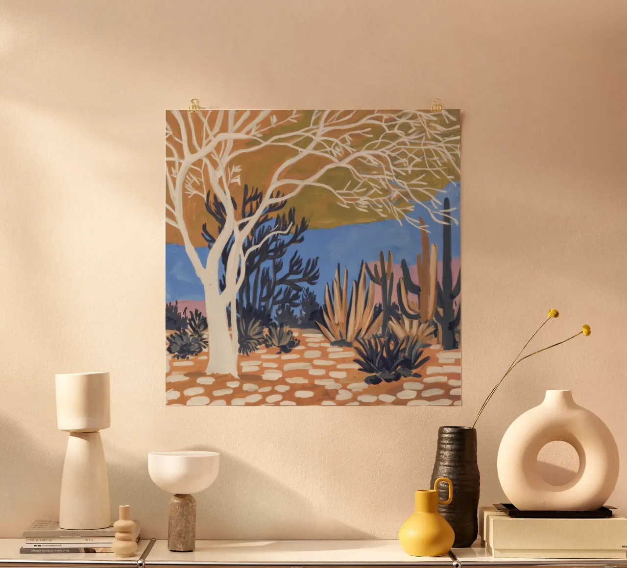 Weißer Baum Wüste Poster mit Kunststoffrahmen von Obisidian Brush
