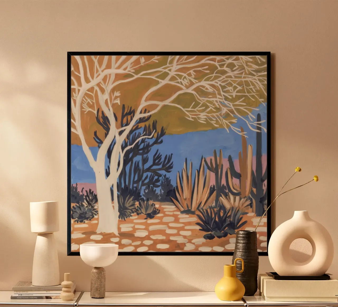 Weißer Baum Wüste Poster mit Kunststoffrahmen von Obisidian Brush