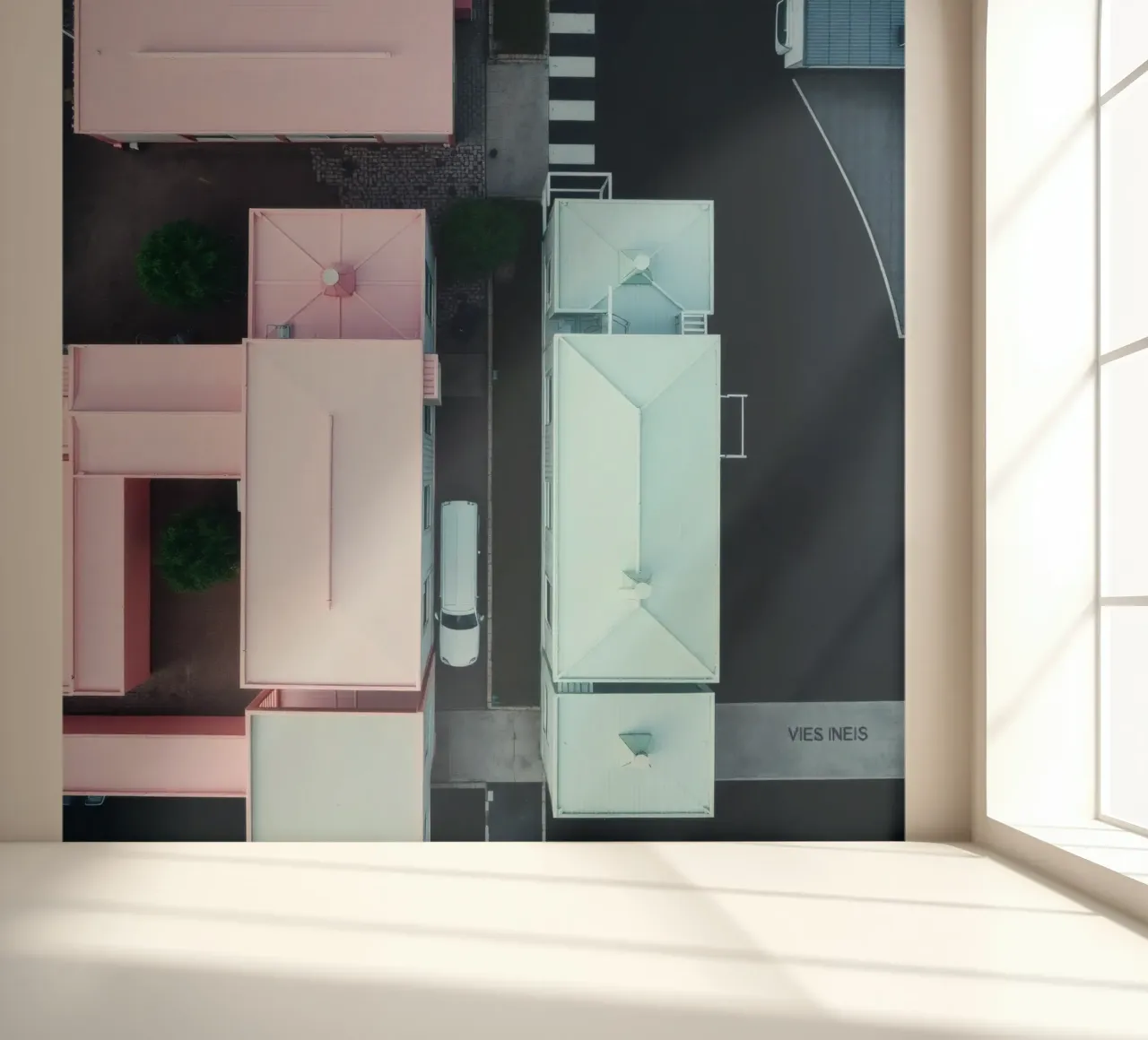 Unique aerial view of pastel-colored buildings with trees photo wallpaper by DesignDoodle