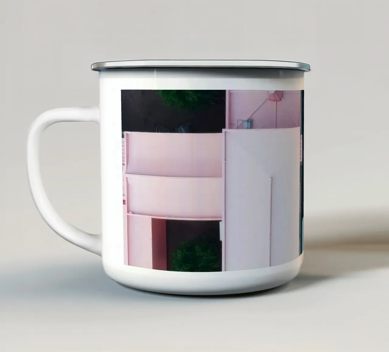 Unique aerial view of pastel-colored buildings with trees enamel mug by DesignDoodle