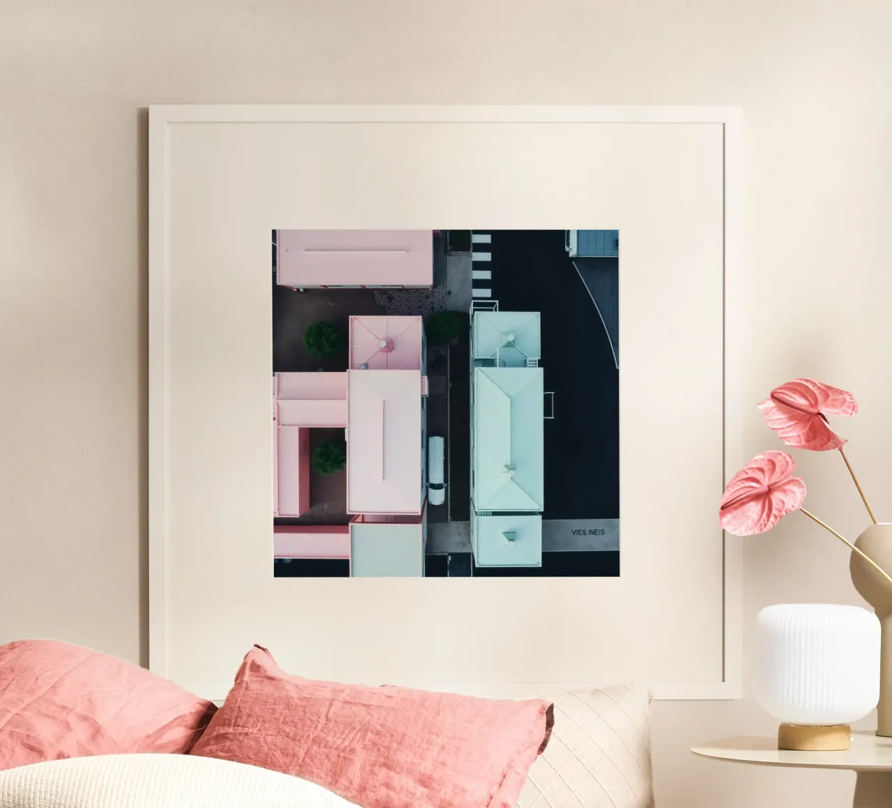 Unique aerial view of pastel-colored buildings with trees hahnemühle by DesignDoodle