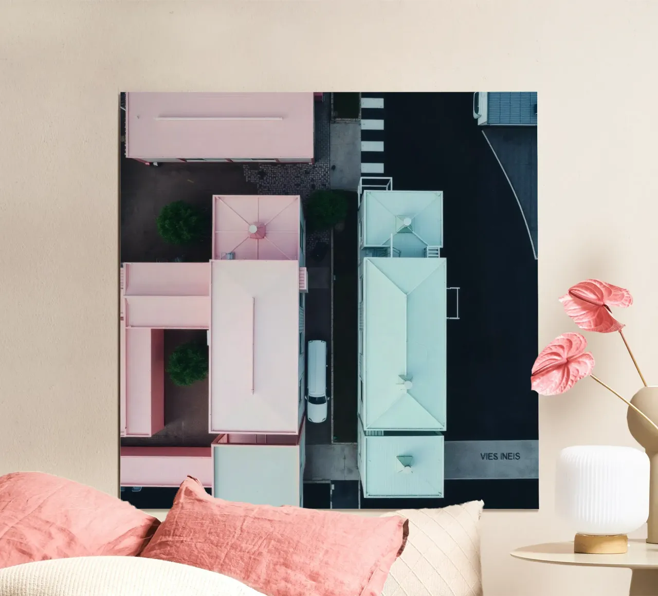 Unique aerial view of pastel-colored buildings with trees hahnemühle by DesignDoodle