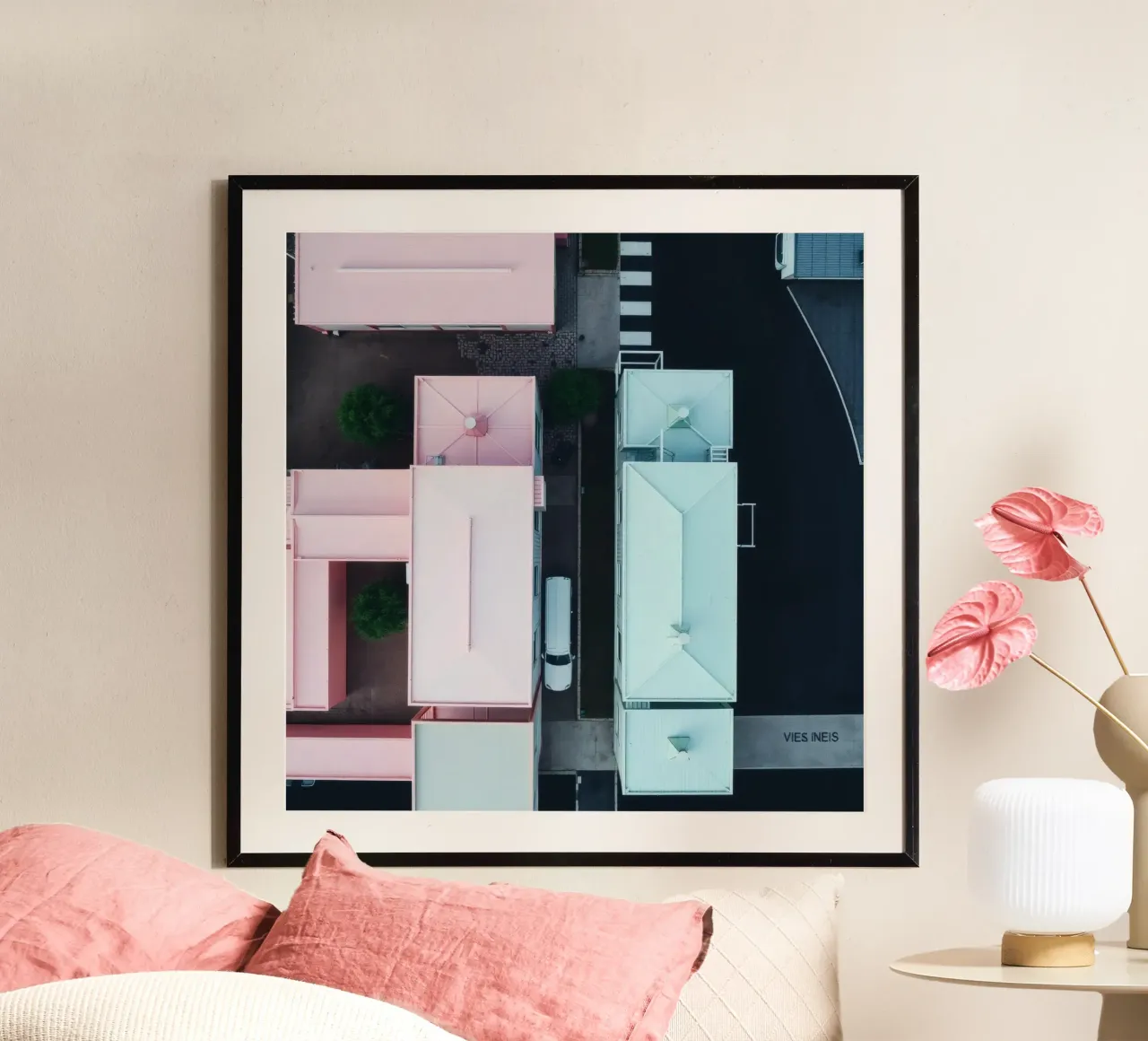 Unique aerial view of pastel-colored buildings with trees hahnemühle by DesignDoodle