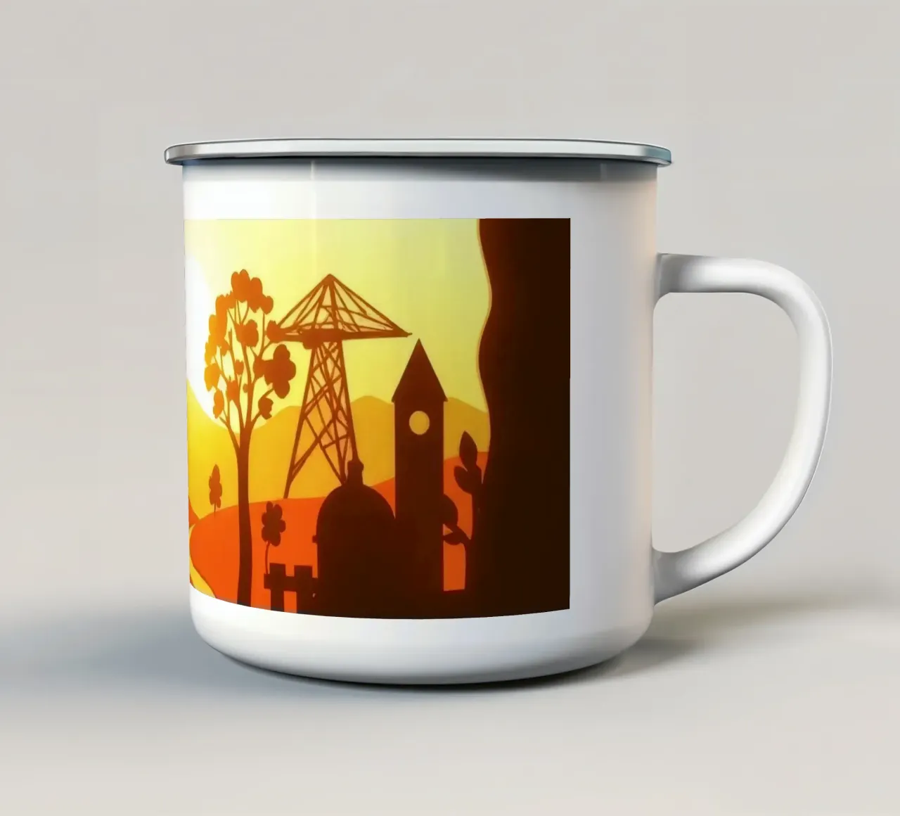 Künstlerische Silhouette eines Sonnenuntergangs in einer ländlichen Landschaft Emaille Tasse von DesignDoodle
