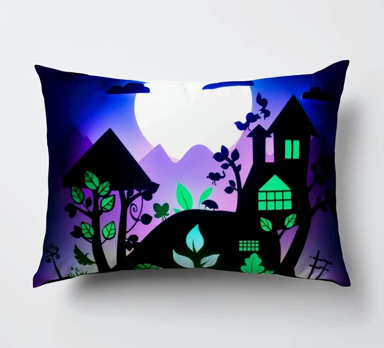 Art créatif en papier découpé représentant un paysage vibrant coussin de DesignDoodle