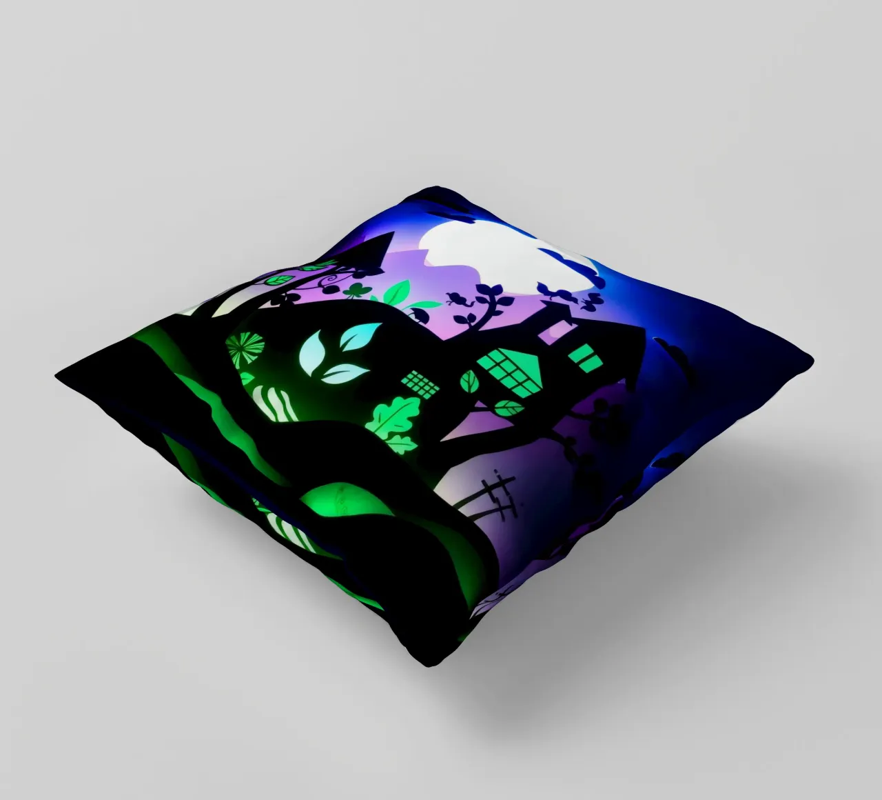 Art créatif en papier découpé représentant un paysage vibrant coussin de DesignDoodle