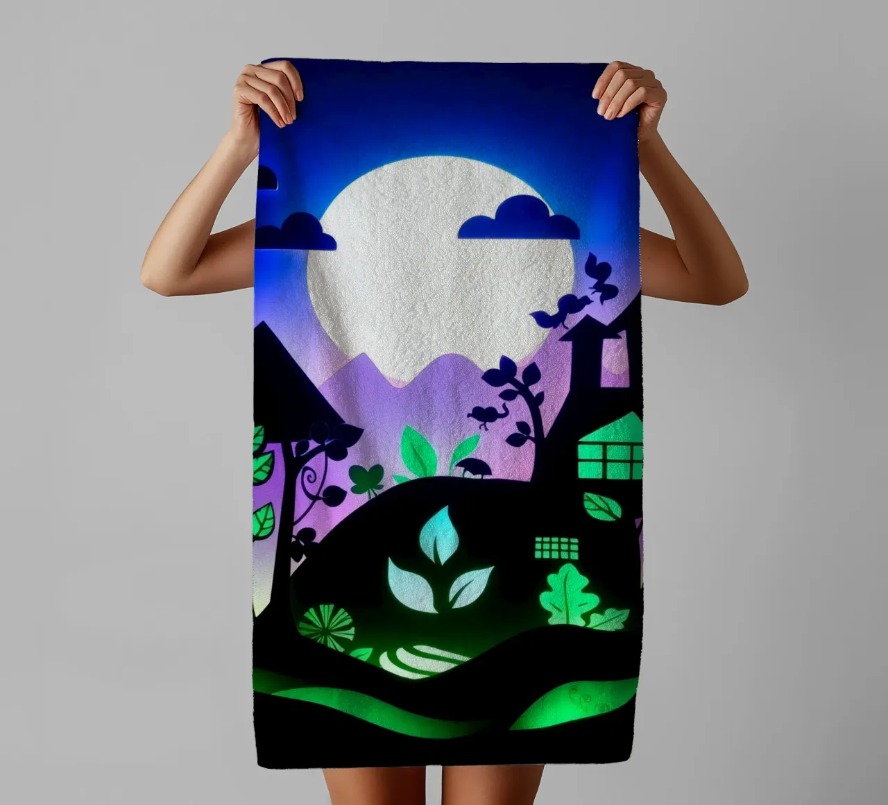 Art créatif en papier découpé représentant un paysage vibrant serviette de bain de DesignDoodle