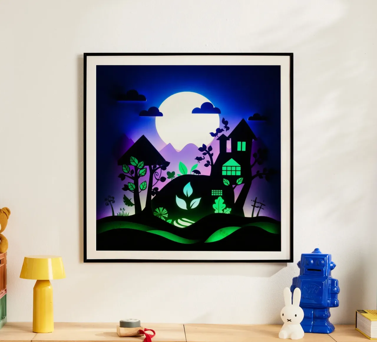 Art créatif en papier découpé représentant un paysage vibrant poster avec cadre en plastique de DesignDoodle