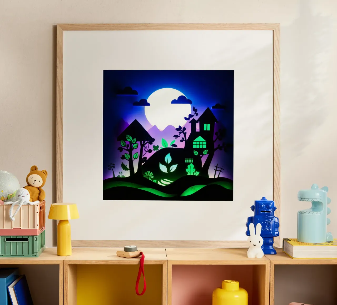 Art créatif en papier découpé représentant un paysage vibrant poster avec cadre en plastique de DesignDoodle