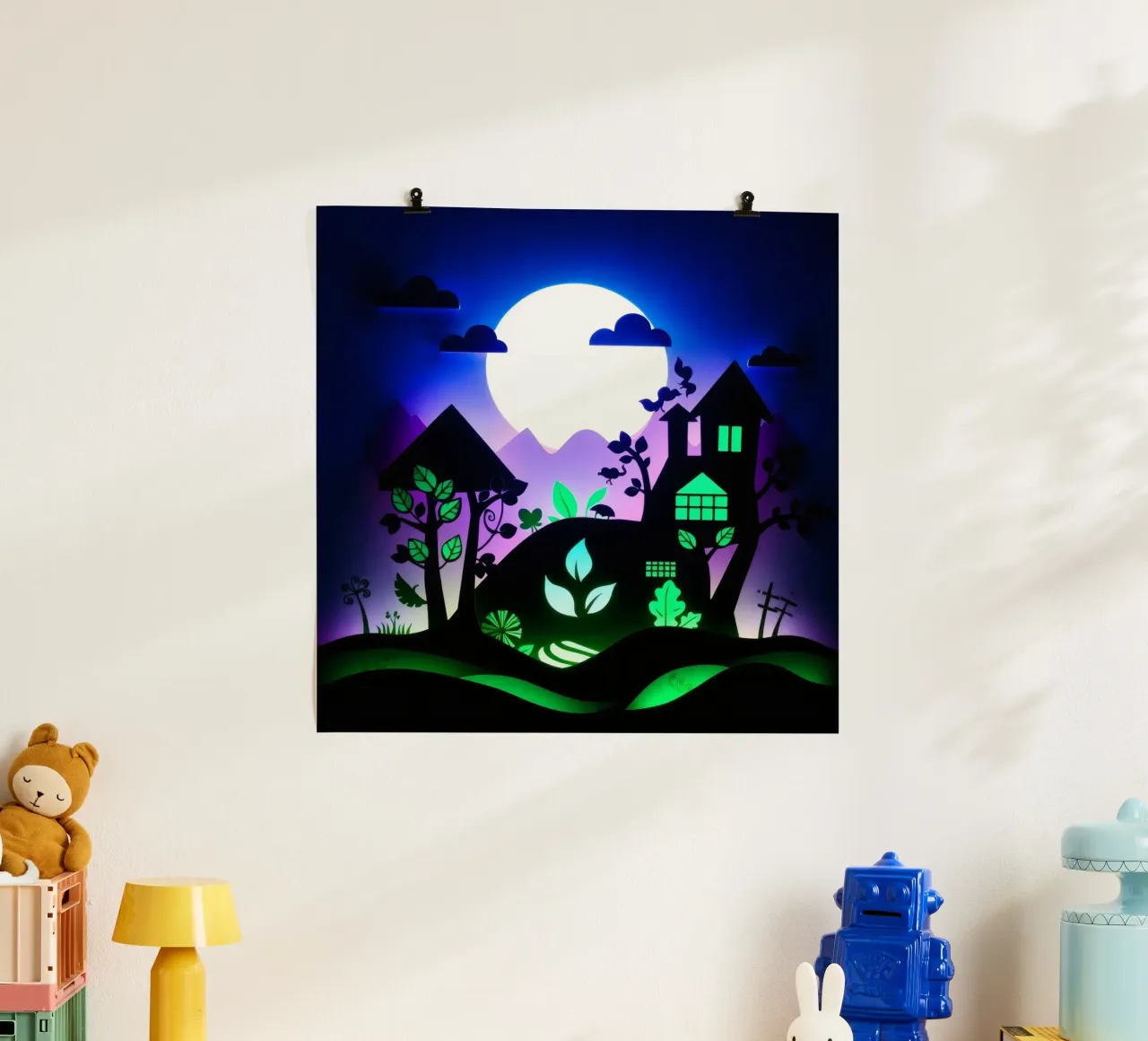 Art créatif en papier découpé représentant un paysage vibrant poster avec cadre en plastique de DesignDoodle