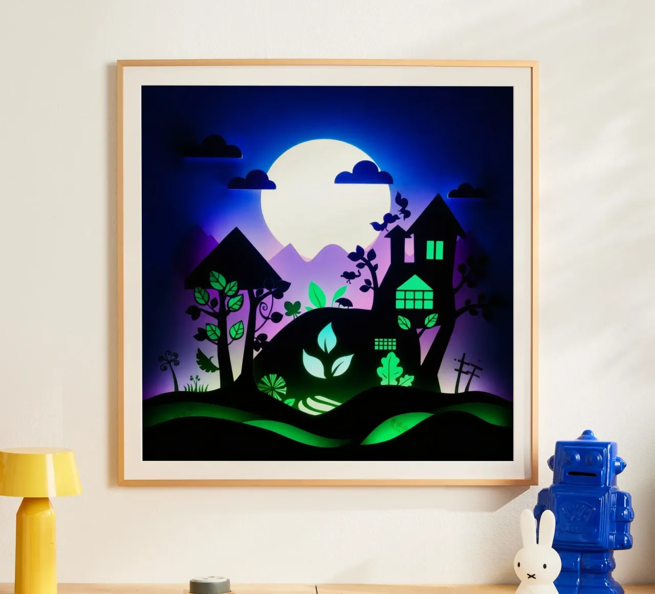 Art créatif en papier découpé représentant un paysage vibrant poster avec cadre en plastique de DesignDoodle
