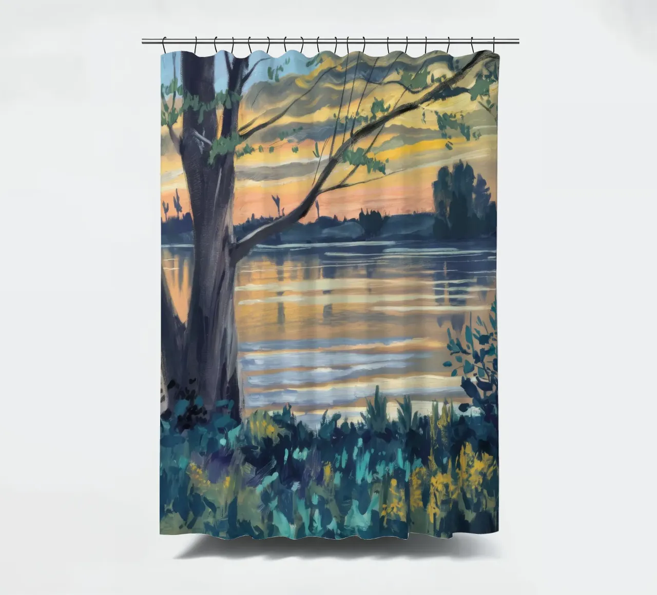 Golden Shore Watch shower curtain by Obisidian Brush