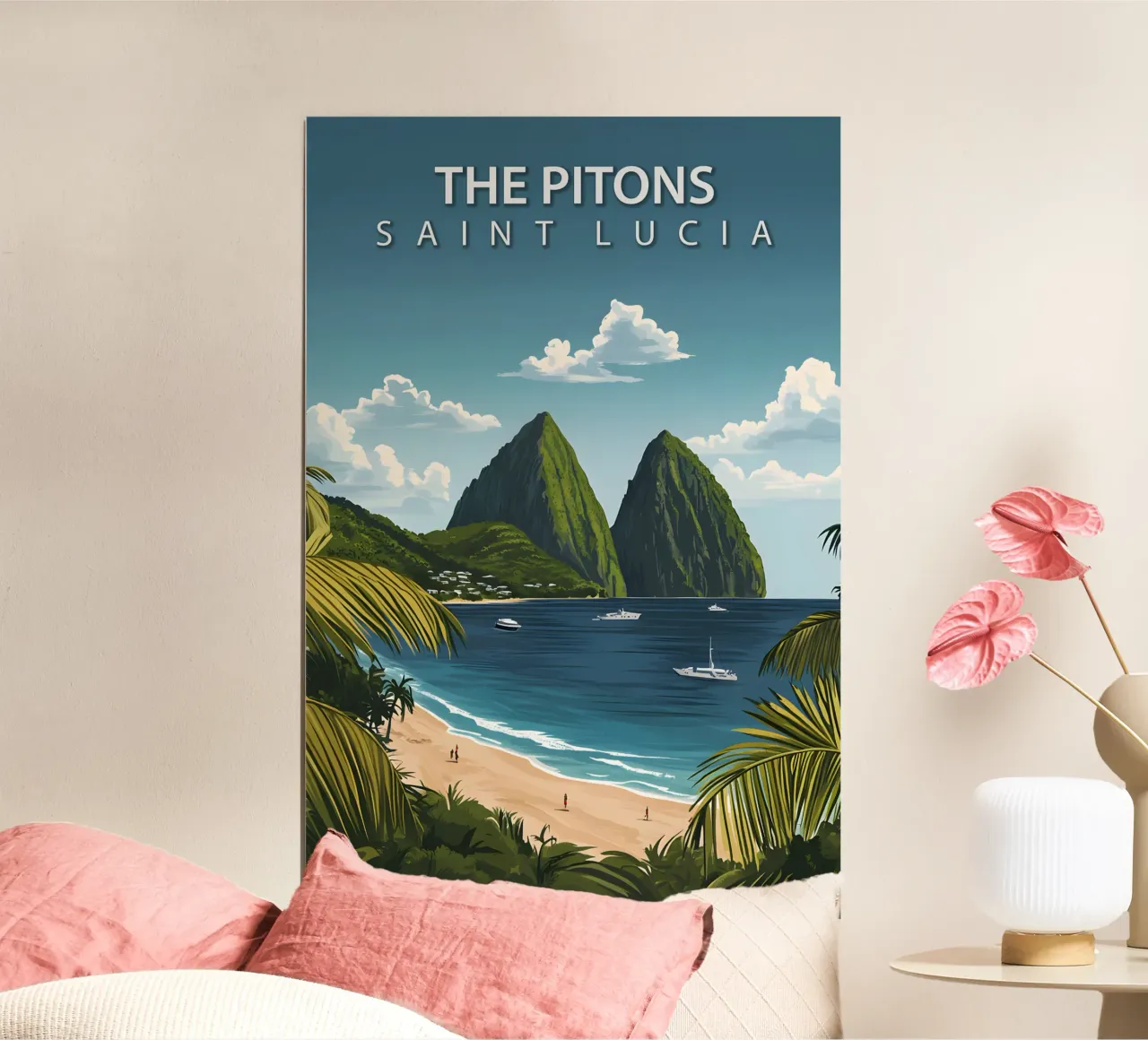 De Pitons, Saint Lucia poster met houten frame van Wanderlust Vibes