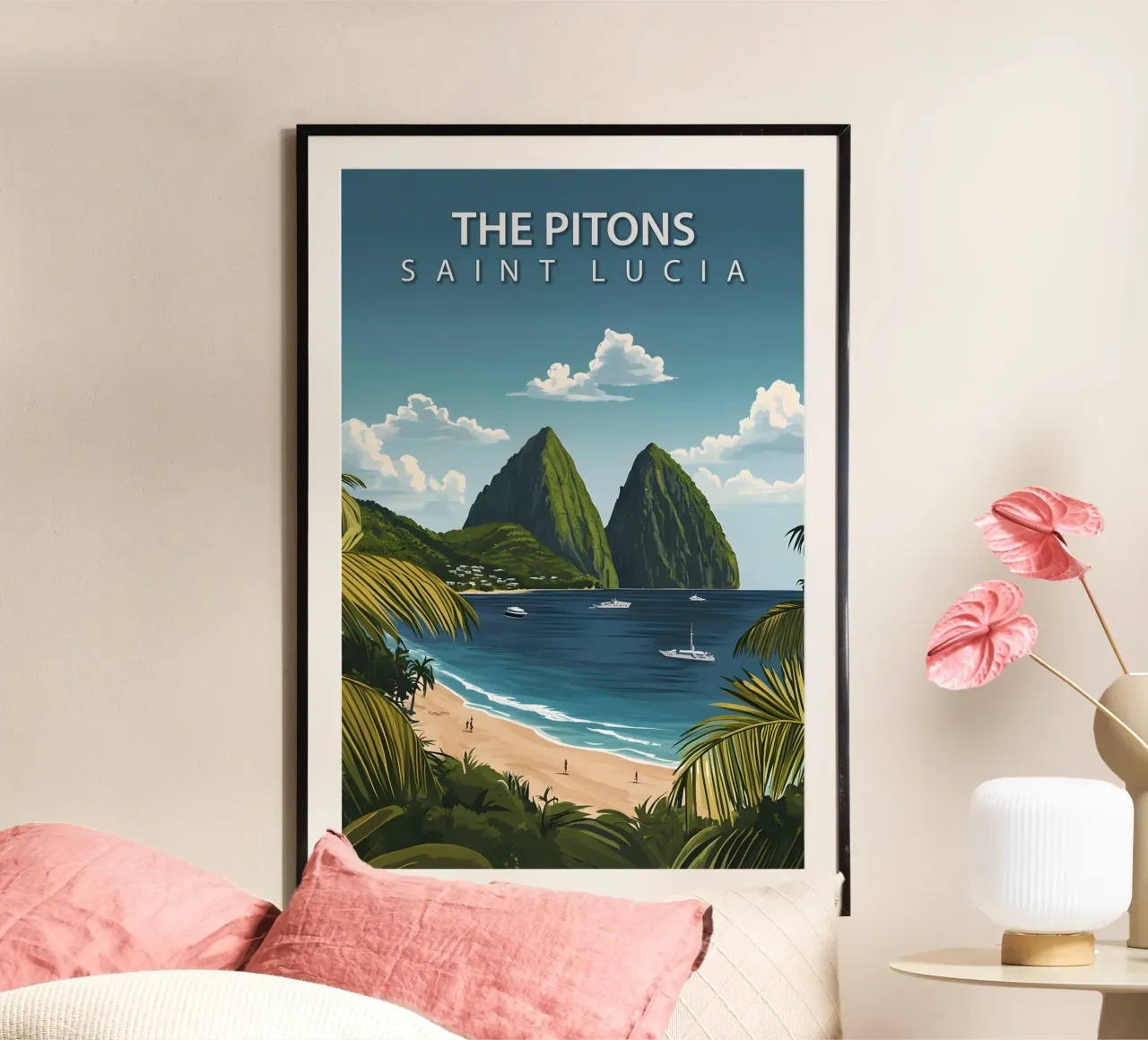 De Pitons, Saint Lucia poster met houten frame van Wanderlust Vibes