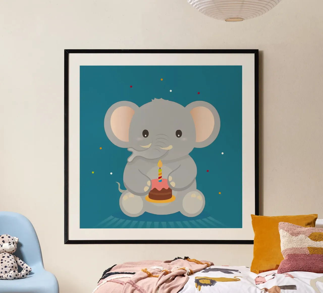 Elefante di compleanno con cupcake - simpatico motivo animale da festeggiare poster con telaio in alluminio da namosh
