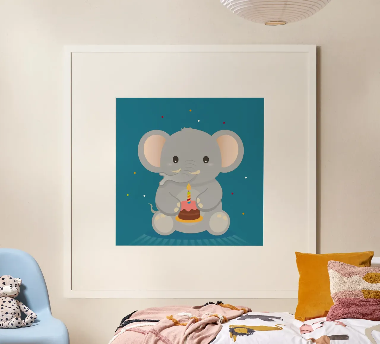 Elefante di compleanno con cupcake - simpatico motivo animale da festeggiare poster con telaio in alluminio da namosh