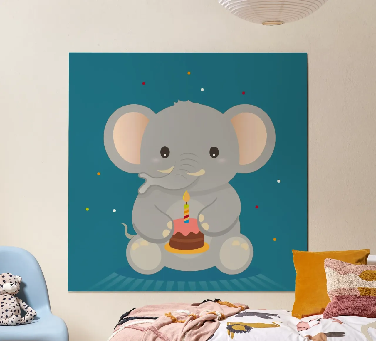 Elefante di compleanno con cupcake - simpatico motivo animale da festeggiare poster con telaio in alluminio da namosh