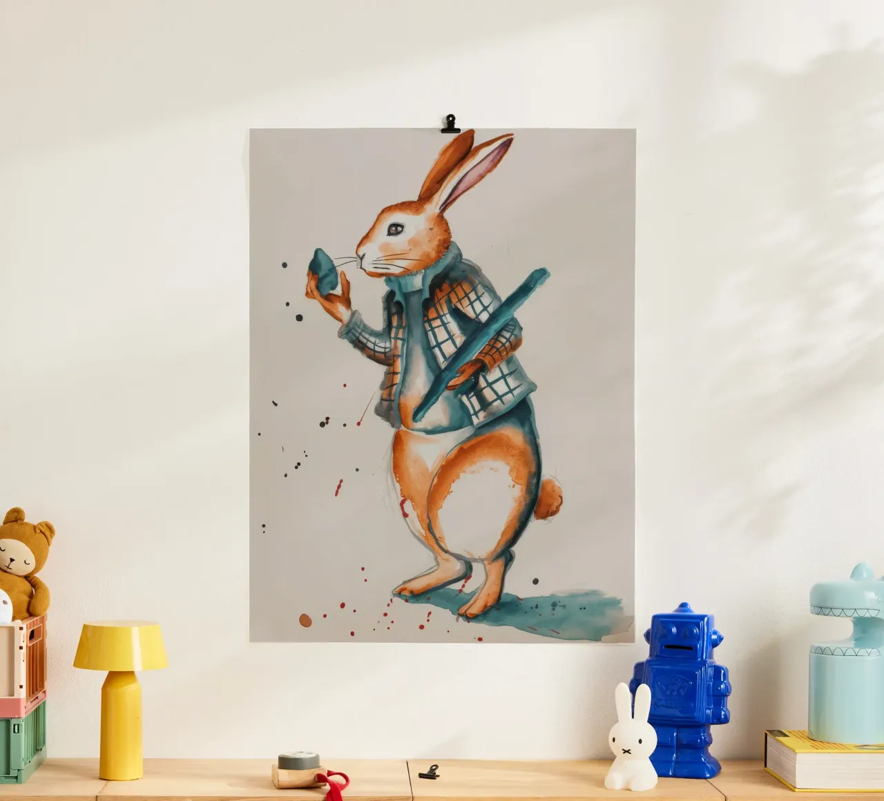 Corsa dei coniglietti messaggeri poster con telaio in legno da Solestice Strokes