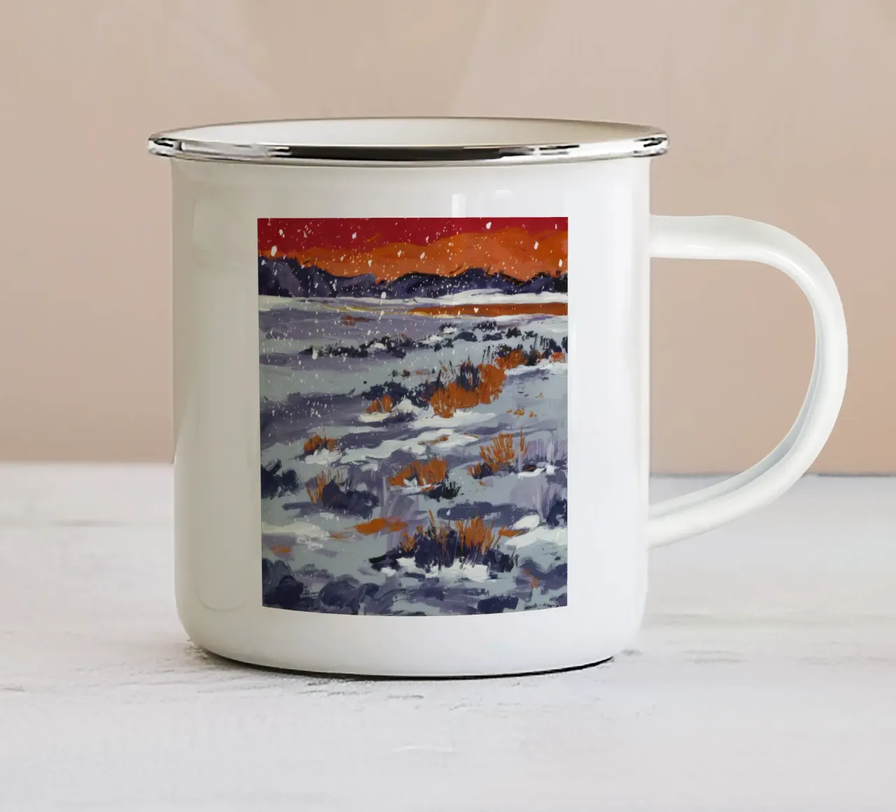 Deriva di neve cremisi tazza in smalto da Solestice Strokes
