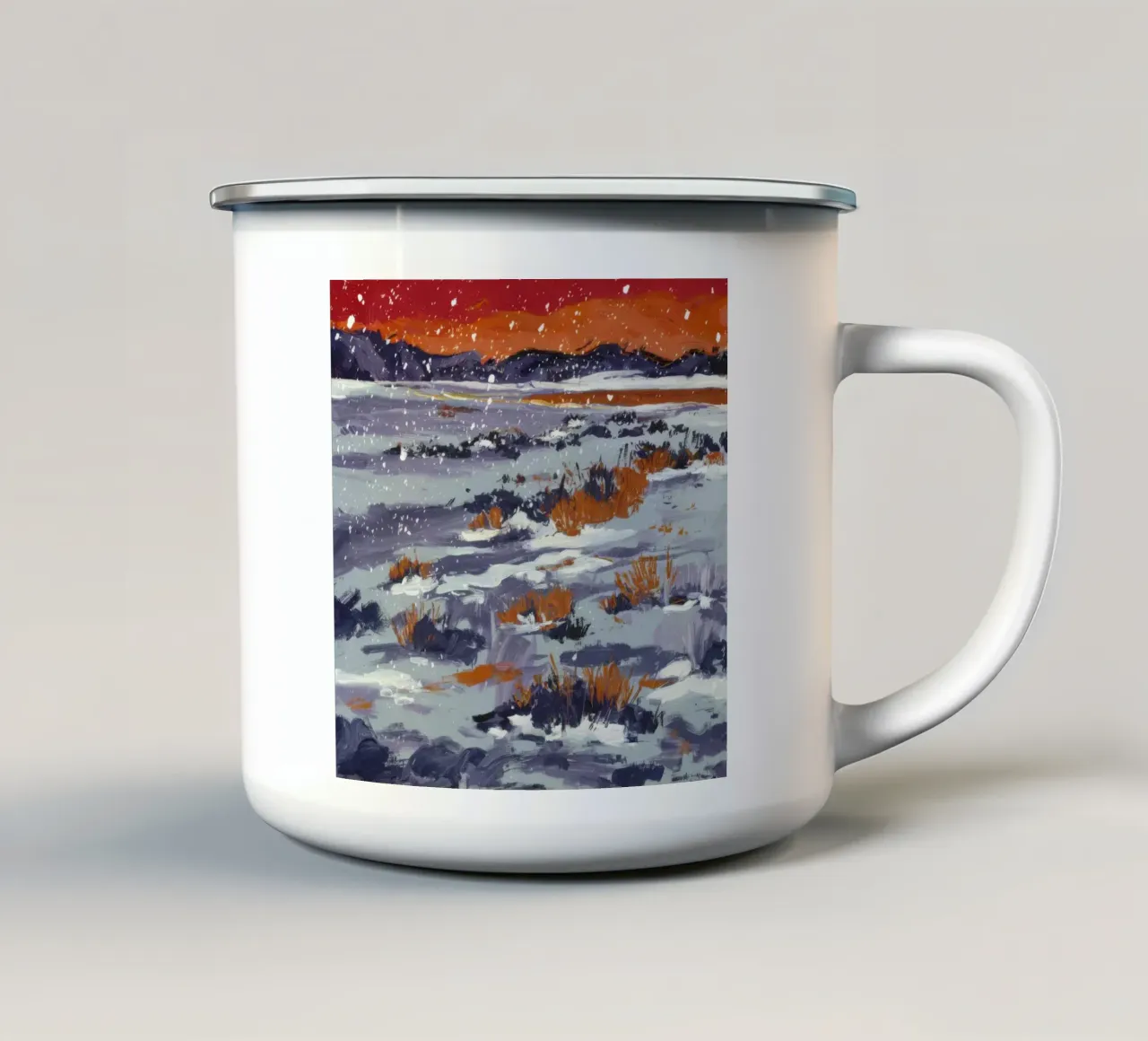 Deriva di neve cremisi tazza in smalto da Solestice Strokes