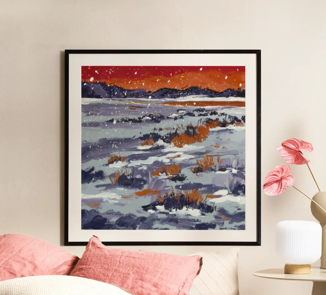 Deriva di neve cremisi poster con telaio in plastica da Solestice Strokes
