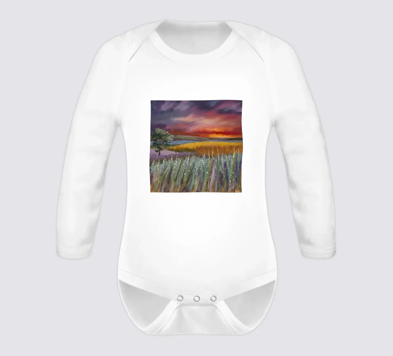 Lavender Fire Horizon long-sleeve baby romper by Solestice Strokes