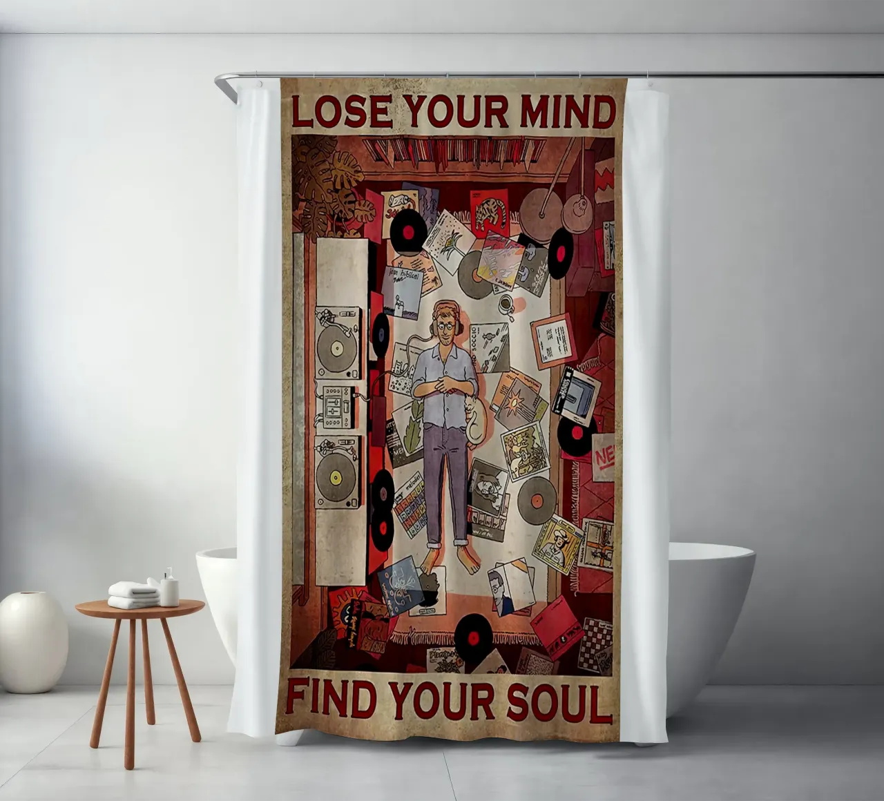 Man Loves Vinyl, Lose Your Mind Find Your Soul shower curtain by Aaronshop