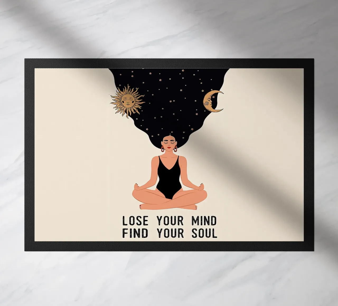 Meditating Girl Lose Your Mind, Find Your Soul doormat by Aaronshop