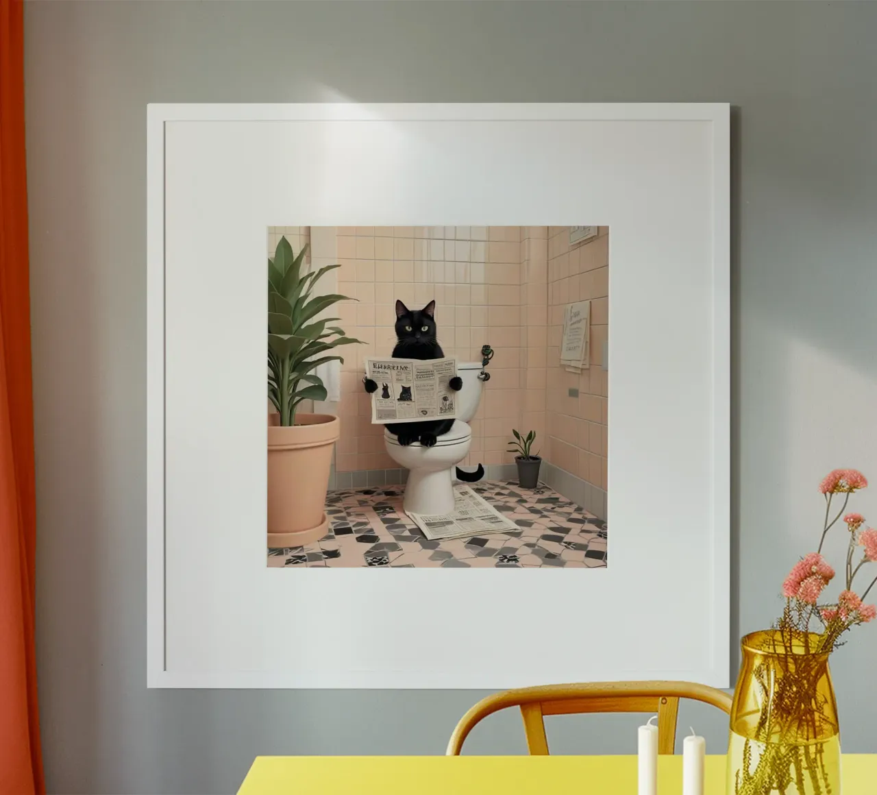 Black Cat on toilet poster with aluminum frame by Betty Shops