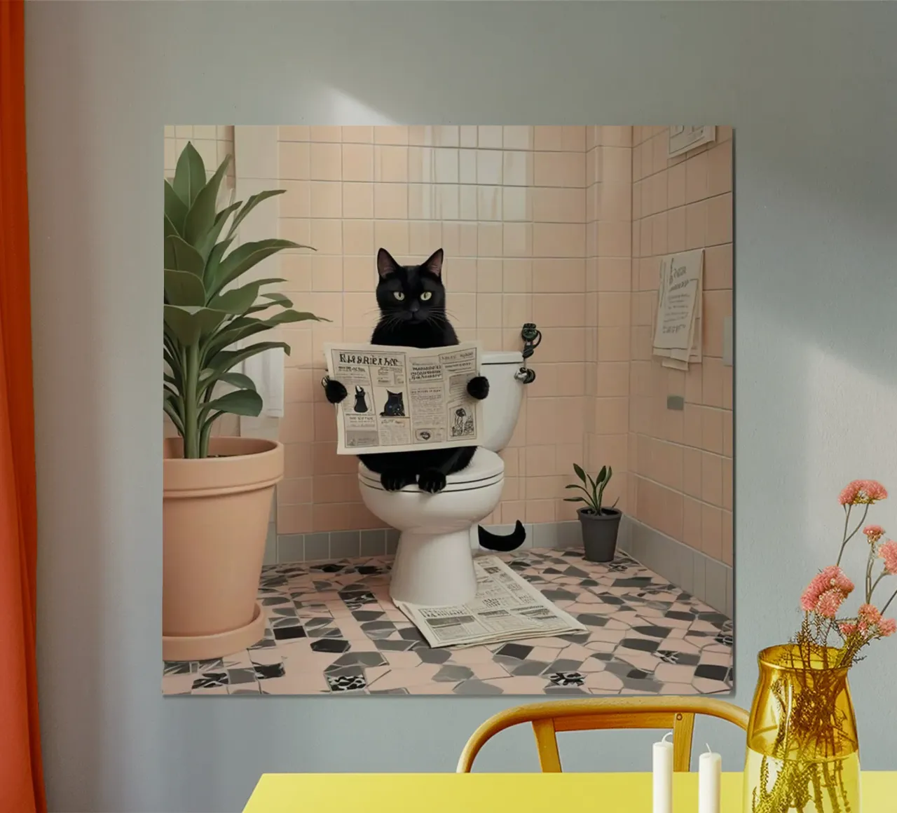 Black Cat on toilet poster with aluminum frame by Betty Shops