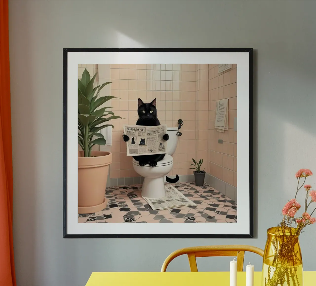 Black Cat on toilet poster with aluminum frame by Betty Shops