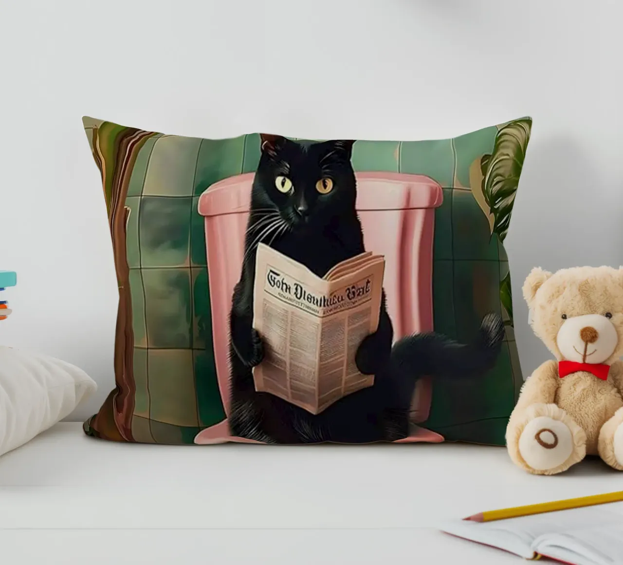 Black Cat reading newspaper decorative cushion by Betty Shops