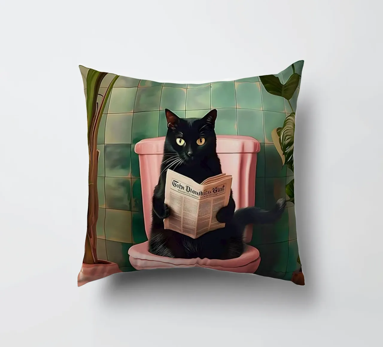 Black Cat reading newspaper decorative cushion by Betty Shops